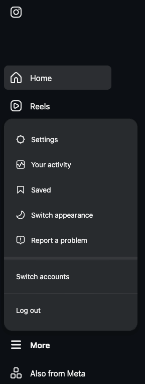 More menu expanded showing the Settings option
