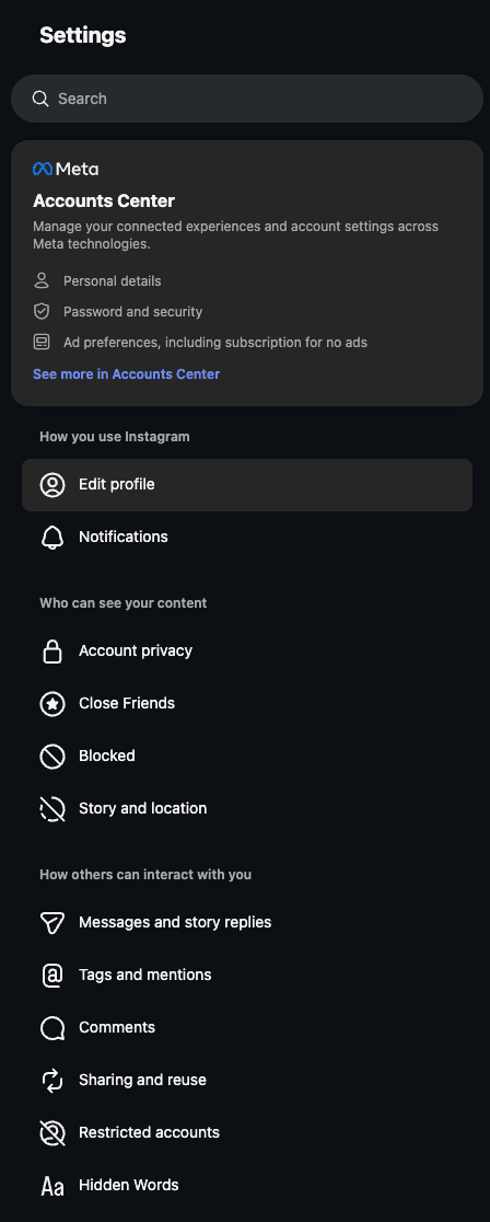 Instagram Settings screen with the Accounts Center card visible