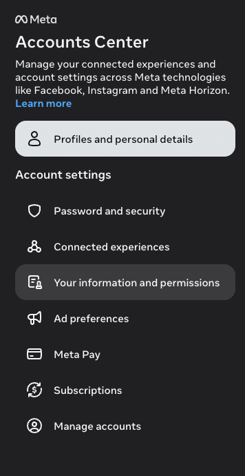 Accounts Center sidebar with Your information and permissions selected