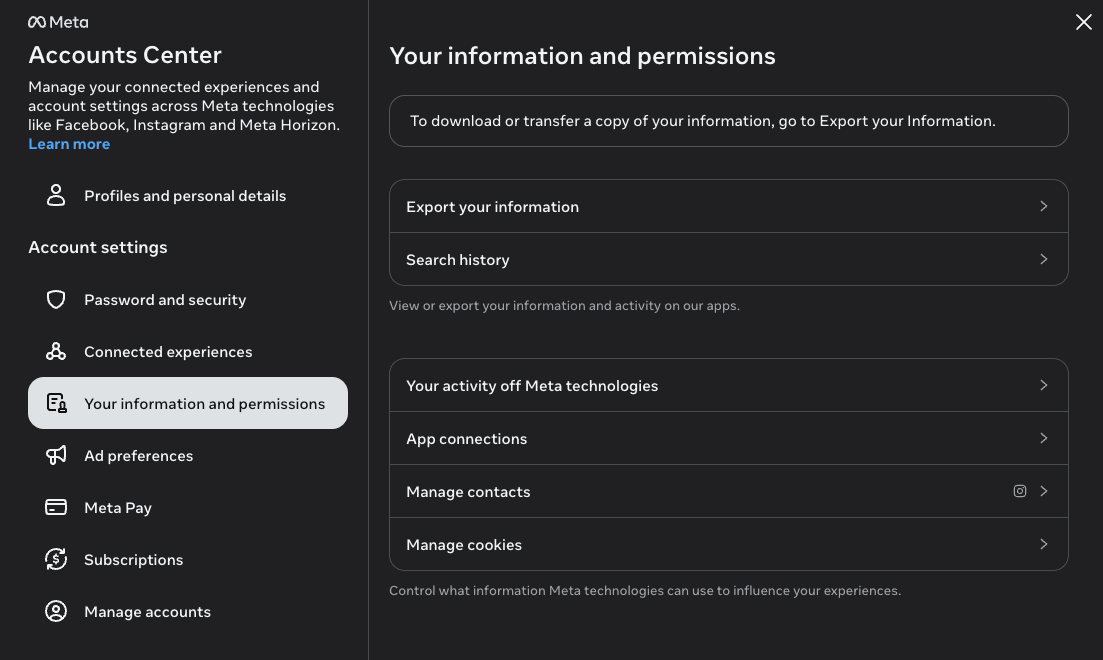 The Your information and permissions screen with Export your information option