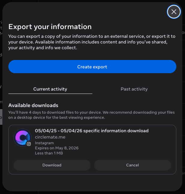 Export your information dialog with a Create export button