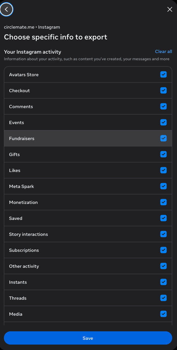 Choose specific info to export — every category checked, with Clear all link visible