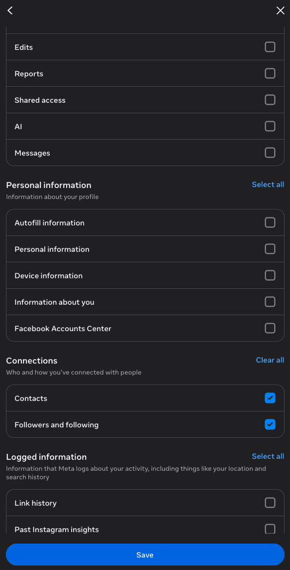 Connections section with Followers and following checkbox enabled